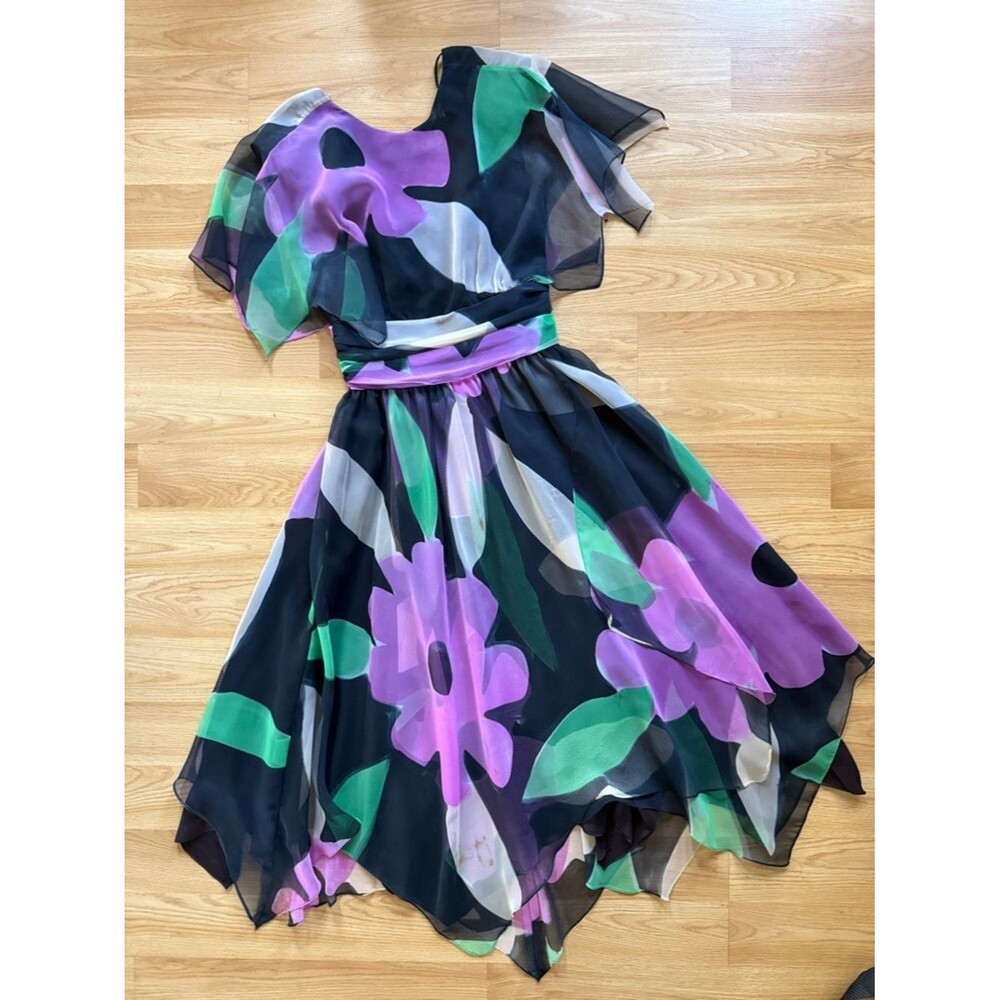 Vintage A.J. Bari Floral Chiffon Midi Dress Black Lavender Green Size 6 1980s